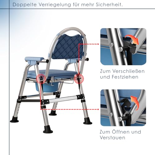 Toilettenstuhl für Senioren,Tragbar duschrollstuhl höhenverstellbar, WC Stuhl mit gepolsterter Sitzplatte und Toiletteneimer, Duschstuhl Klappbarer Stabil,Tragfähigkeit 200kg (CY-KJ6201)