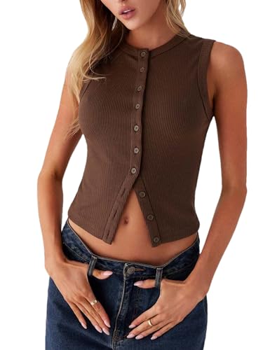 Image of Bozanly Womens Button Down Ribbed Tank Top Summer Sexy Sleeveless Slim Fit Y2k Crop Going Out Tops(0947-Coffee-XS)