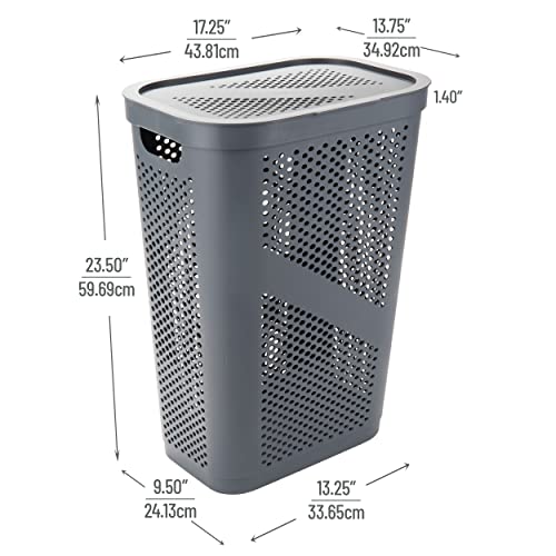 Mind Reader Basket Collection, Slim Laundry Hamper, 60 Liter (15G/33Lbs) Capacity, Cut Out Handles, Attached Hinged Lid, Ventilated, Gray #TOP2