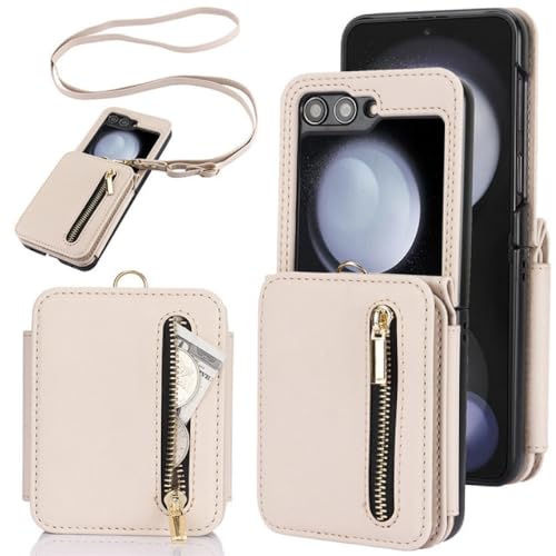 Coque Samsung Z Flip 4 avec cordon bandoulière et portefeuille zippé abricot