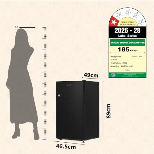Image of SHARP 100L 1 Star Direct Cool Single Door Mini Bar Refrigerator with Chiller Freezer Box |Japan 7 Shield Protection|Vegetable Box|Toughend Glass shelvesI (Brush Black, SJ-MRD110N1-PBB, 2026 Model)
