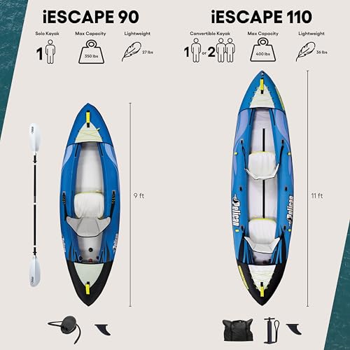 Pelican iESCAPE 110 Inflatable Convertible Kayak - Recreational Single or Tandem Kayak - Compact, Stable and Fun All in One - Transport Bag & Pump Included - 11 ft - Blue - image 3