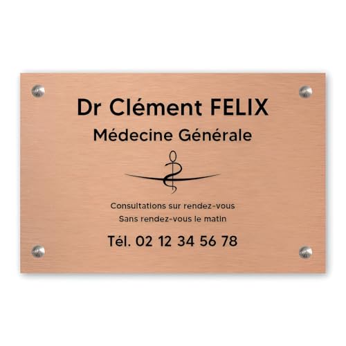Plaque professionnelle cuivre médecin pour façade de cabinet médical vissé