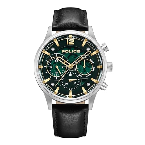 Image of Police Quartz Multifunction Green Dial Black Leather Strap Watch for Men - PLPEWGF0040201