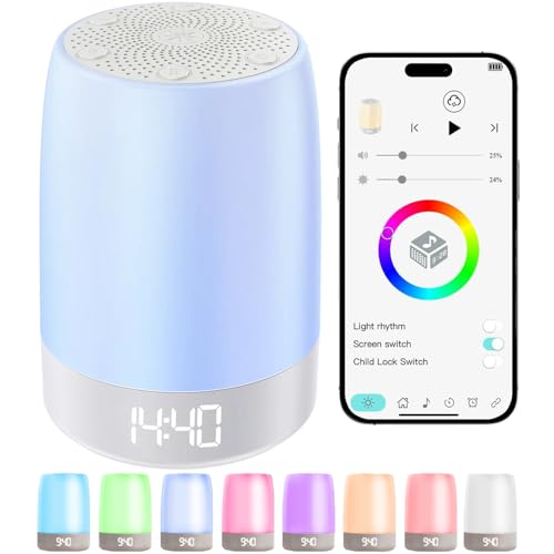 Máquina de sonido de ruido blanco para bebé con luz nocturna, lámpara recargable para guardería con reloj despertador, sonidos relajantes, calmante para el sueño del bebé, esencial para decoración de