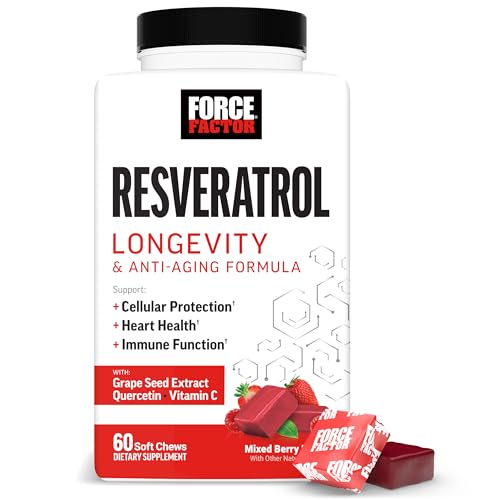 Force Factor Resveratrol Longevity & Anti-Aging Trans-Resveratrol with Grape Seed Extract Quercetin & Vitamin C Anti-Aging Supplement for Cellular Health & Heart Health Mixed Berry 60 Soft Chews