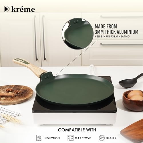 Image of Kreme Venetia Premium Series Granite Non-Stick 11 Pc Cookware Set | Kadai, Frypan, Dosa Tawa and Sauce Pot with Lid | Granite Coating | Induction & Gas Stove Use | Healthy Low-Oil Cooking, Green