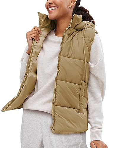 Lentta Women's Sleeveless Quilted Winter Warm Hooded Puffer Vest Padded Gilet Coat(Khaki-M)