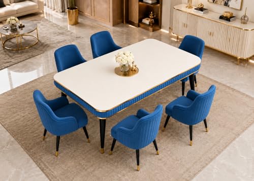 Image of WOODEN SPACE 6-Seater Wooden Dining Table Set | Nano Composite Marble Top | Solid Wood Base | Modern Dining Room Furniture with 6 Chairs (Blue Zyro)