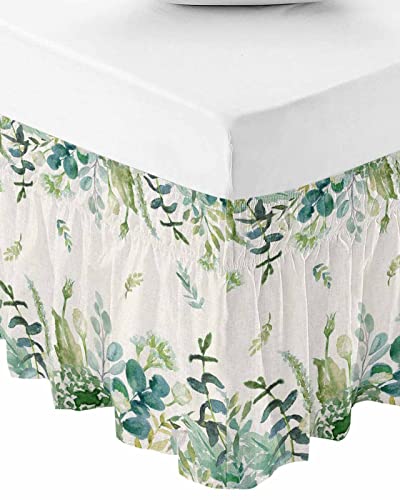 Green Eucalyptus Leaves Bed Skirt Queen Size 16 Inch Drop,Adjustable Elastic Wrap Around Bed Skirts Dust Ruffles for Twin Full Queen Cal King Bed,Flower Watercolor Floral Spring Botanical Plant