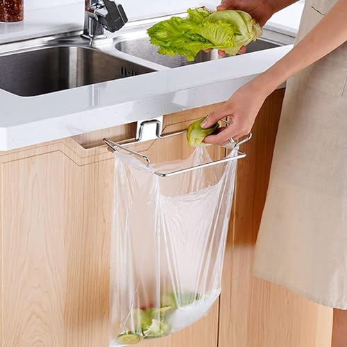 Image of KolorFish Stainless Steel Trash Holder for Kitchen Cabinets, Doors and Cupboards - Under Sink Garbage Rack (Silver)