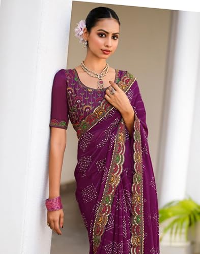 Image of SIRIL Women's Bandhani Printed Georgette Sequence Lace Scalloped Border Saree with Unstitched Blouse Piece