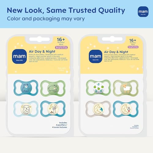 Image of MAM Air Pacifier for Babies 16+ Months, Extra Air Flow for Sensitive Skin, Glows in The Dark, Developed with Medical Experts, BPA-Free Skin Soft Silicone, 4 Count, Made in Europe
