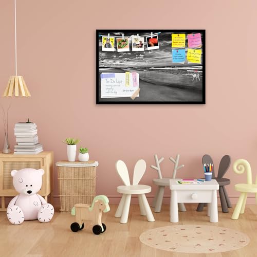 Image of ArtzFolio Sea, Air, & Land Monochrome Contrast | Bulletin Board Notice Pin Board | Vision Soft Board Combo with Thumb Push Pins & Sticky Notes | Black Frame | 24 x 16 inch (61 x 41 cms)
