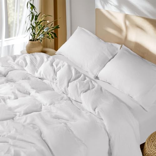SONORO KATE 100% French Linen Duvet Cover Full Size, Soft Breathable for Hot Sleepers, Moisture Wicking & Durable Cover Set - Zipper Closure & 4 Corner Ties Duvet Covers 3 Piece (White,Full)
