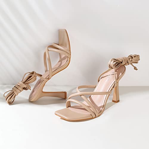 Image of Mostrin Womens Sandals Strappy Heels for Women Lace Up Square Open Toe Heels Tie Up High Heeled Sandals for Prom, Party, Daily Wear