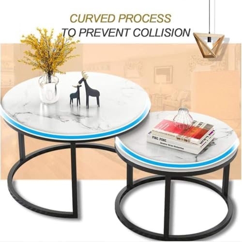 Image of Furniture Cafe Round Nesting Coffee Table Set of 2 - White Marble Finish with Black Metal Frame for Living Room