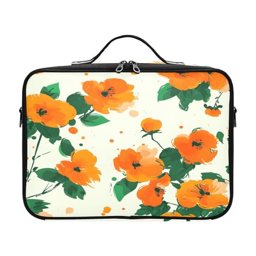 zyrtty Travel Makeup Train Case Orange Flower Green Pattern Cosmetic Organizer Portable Storage Bag with Adjustable Dividers for Cosmetics Brushes Toiletry Jewelry Digital Accessories