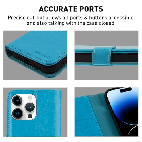 Image of MONASAY Vegan Leather Fit for iPhone 14 Pro Max 5G Wallet Case, 6.7-inch, [Glass Screen Protector Included] [RFID Blocking] Flip Folio Phone Cover with Credit Card Holder,Light Blue