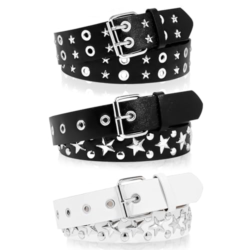 3 Pcs Black Studded Belt, Y2K Belt Star Goth EMO Punk Rock Double Grommet with Bright Pyramid Studded for Women Men (Star White Black)
