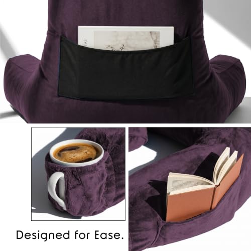 Image of Nestl Reading Pillow with Shredded Memory Foam Includes 2 Neck and Lumber Support Pillows, Designed for Sitting Up in Bed and Couch, Back and Arms Adjustable Support for Adult & Teens, Purple