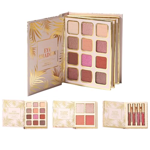 Makeup Book Palette, 12-Color Eyeshadow with 4 Blush and 4 Liquid Lipsticks, Compact Beauty Set for Women, Travel, Party, Daily Makeup, Portable Kit