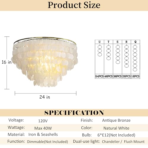 ALOADECOR Coastal Natural Capiz Shell Tiered Flush Mount Ceiling Light with Antique Gold Metal Unique Tiered Seashell Close to Ceiling Lamp for Dining Room Living Room (W 24") - Image 3