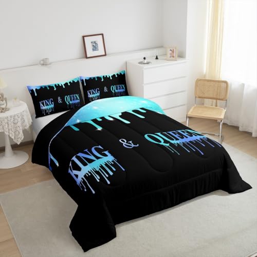 Image of Feelyou Mr Mrs Comforter Queen Size Blue King Queen for Man Woman, Comforter Set Valentine Day Bedding Set Presents Duvet Set Women Couple Bed Set 3Pcs