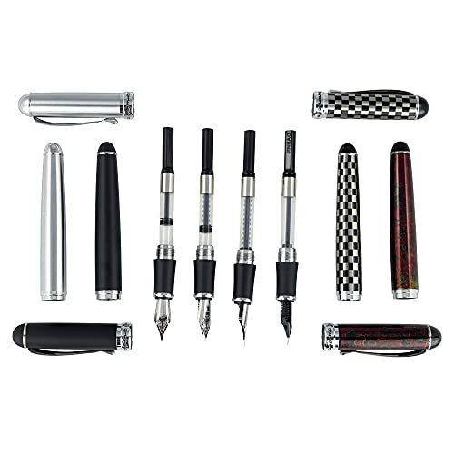 4 Pcs Jinhao X750 Fountain Pen Set, 4 Colors (Black, Red, Silver, Checked), Medium Nib With Ink Converter, Silver Trim, Gift Case #TOP5
