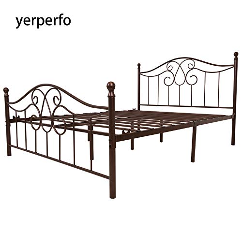 Yerperfo Vintage Sturdy Metal Bed Frame Queen Size With Vintage Headboard And Footboard Platform Base Bed Frame No Box Spring Needed Steel Bed，Antique Brown，Queen. #TOP5