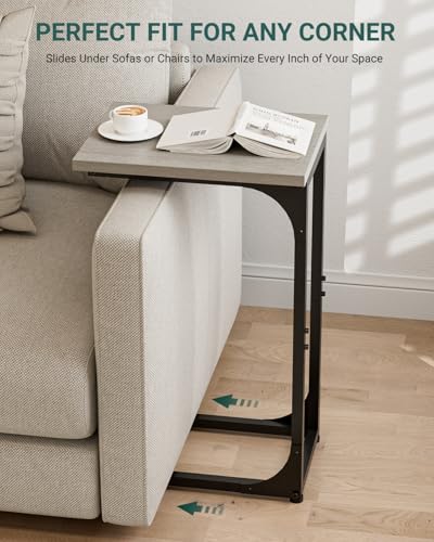 Image of C-Shaped Side Table for Couch - Small Coffee Stand Sofa Tray Desk with Metal Frame and Waterproof Scratch Resistant, Modern End Accent for Living Room, Bedroom, Small Spaces, Greige