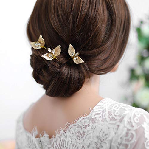 Yean Wedding Hair Pins Gold Leaf Rhinestones Pin Bridal Hair Clips for Brides and Bridesmaids (Set of 3)