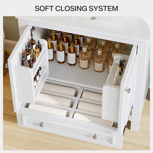 Image of Tribesigns 30 inch Bathroom Vanity with Sink, Freestanding Bathroom Vanities Cabinet with Ceramic Basin Combo, Bathroom Sink Cabinet with 2 Doors and 1 Drawer, Solid Wooden Frame (White, 30 INCH)