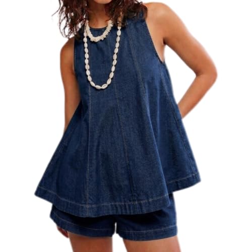 MAKABO Womens 2 Piece Denim Outfits Sleeveless Matching Sets Black A Line Tank Tops Elastic Waist Jean Shorts with Pockets M