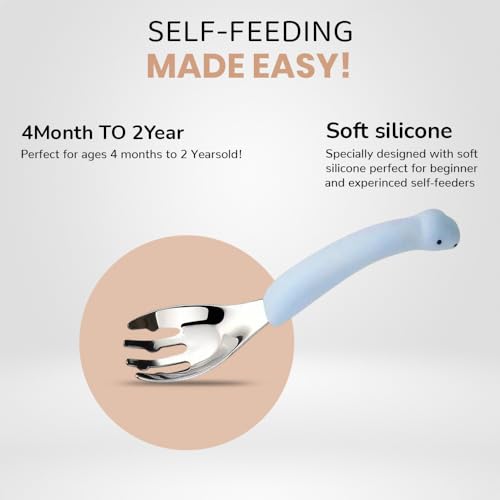 Image of Baby Spoon and Fork Set, Blue Silicone Toddler Cutlery Set with Dinosaur Case, 2 Pc, Self Feeding Utensils for Baby Meals School and Travel, Mealtime Essential. Easy to Carry for Home