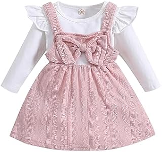 Qiraoxy Baby Girl Clothes Set Ruffle Long Sleeve T-Shirt Top + Knitted Bowknot Strap Overall Dress Toddler Kids Girl Spring Fall 2Pcs Clothing Outfit