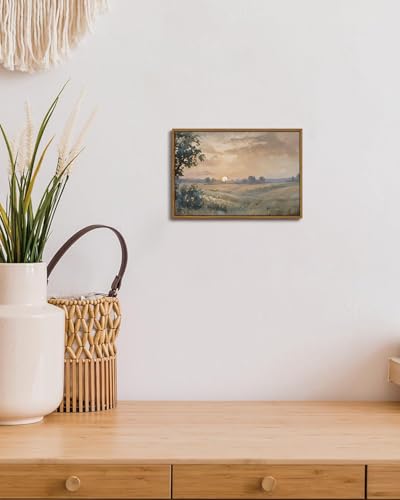 Image of KISSFOX Vintage Framed Wall Art Decor Rustic Landscape Pictures Wall Decor Countryside Sunset Scenery Canvas Art Prints Neutral Modern Farmhouse Paintings Artwork For Bedroom Kitchen Living Room