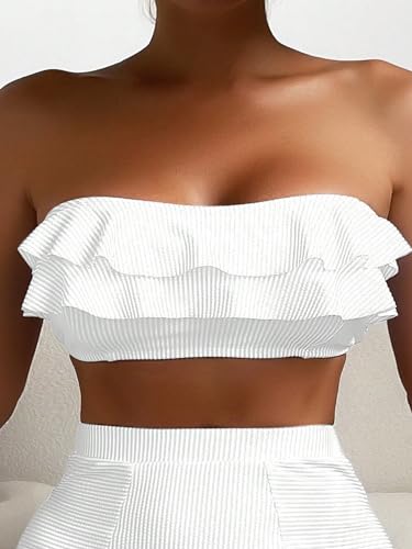 WDIRARA Women's Tiered Layer Ruffle Bandeau Swimwear Top Solid Textured Bikini Tops Bathing Suit4