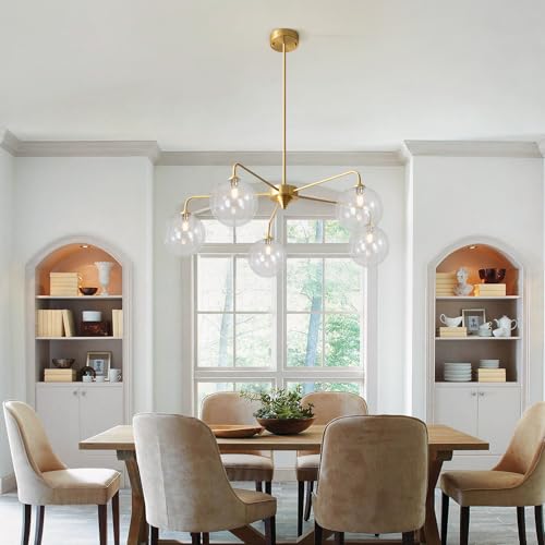 Image of Mid Century Modern Sputnik Chandelier Brass 5 Light Gold Chandelier Clear Glass Globe Sputnik Chandelier for Dining Room Bedroom Kitchen