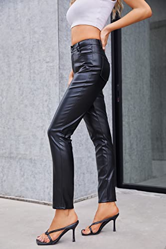 Women's Faux Leather Pants High Waisted Straight Leg Leather Pants with Pockets2