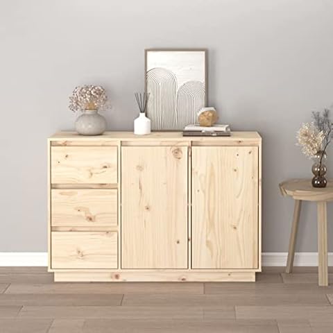 Gecheer Sideboard mit 2 Türen und 3 Schubladen Beistellschrank Flurschrank Kommode Standschrank Mehrzweckschrank Massivholz Kiefer 111x34x75 cm Cover