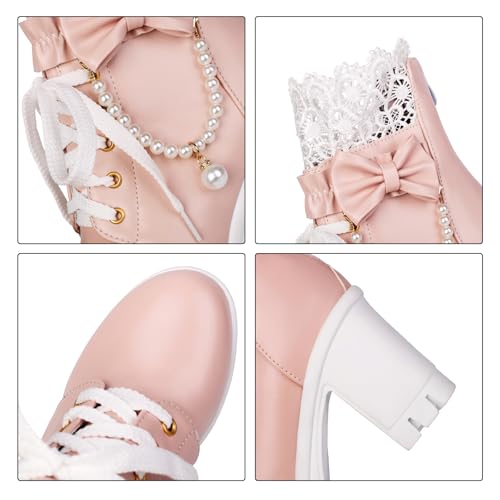 BEAUPAS Women's Platform Ankle Boots with Lace Pearl Chain Bow Chunky High Heel Goth Combat Boots3