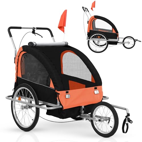 Jago® Fahrradanhänger - Für 2 Kinder, Klappbar, mit Kupplung, Bremse, Vorderrad, 5-Punkt Sicherheitsgurt - Kinderanhänger, Kinderfahrradanhänger, Hundeanhänger, Lastenanhänger, Jogger (Orange)