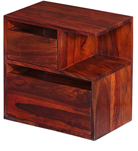 Image of DEMIWALL Solid Sheesham Wood Bedside Table | Wooden Bed Side Tables with Drawer | Nightstand Side Table for Bedroom | Night Stand End Table with 2 Drawers & Shelf Storage for Home | Honey Finish