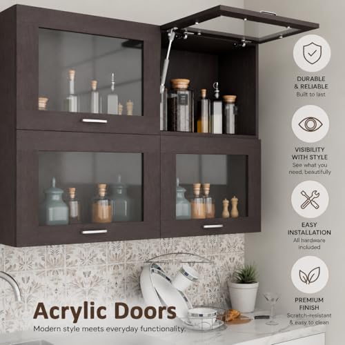 Image of VIKI Furniture Modular Kitchen Wall Cabinet with Acrylic Glass Flip-Up Gas Spring Door, Space Saving Spice Rack & Storage Unit, 30 x 120 x 80 cm, Walnut, 1 Year Warranty
