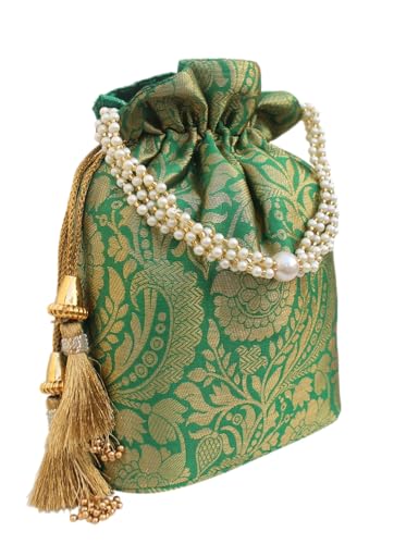 Image of MILAN'S CREATION Banarasi Silk Brocade Potli Bag Purse With Base Drawstring Women's handbag with Pearl Handle & Tassel Weddings