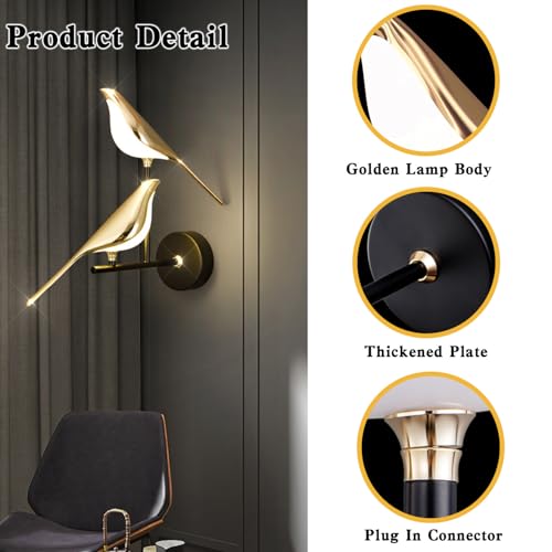 Image of Bird Wall Sconces Modern Art Deco Wall Mount Lamps for Living Room Bedroom Stairway Corridor, Swinging Bird Wall Lamp, Metal and Acrylic Wall Light Fixtures, 3 Color Temperature (2 Light)