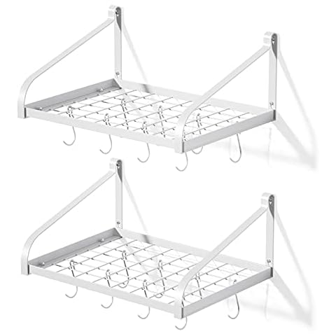 Love-KANKEI Pot Rack Wall Mounted Set of 2 Pan Pot Organizer Wall Shelves with 16 Hooks for Kitchen Cookware Utensils Organization White Cover