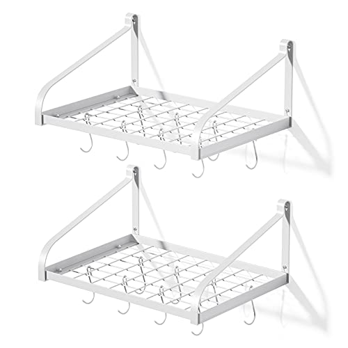 Love-KANKEI Pot Rack Wall Mounted Set of 2 Pan Pot Organizer Wall Shelves with 16 Hooks for Kitchen Cookware Utensils Organization White
