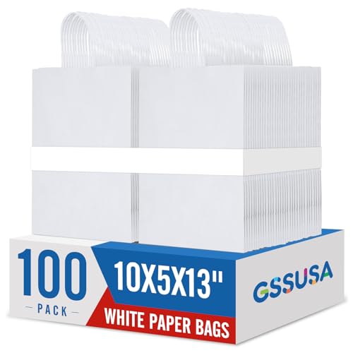 GSSUSA White Kraft Paper Gift Bag with Handles, 10x5x13 Bulk Shopping Grocery Paper Bags 100 Pc, Party Favor, Retail, Small Business, Packaging, Mother's Day, Merchandise, Boutique, Wedding
